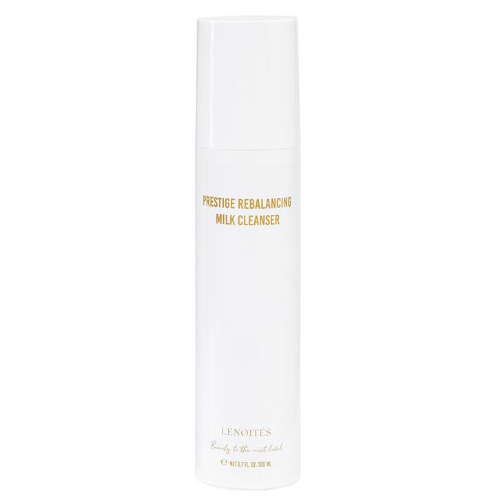 Lenoites Prestige Rebalancing Milk Cleanser 200 ml balancerende ansigtsrens i hvid cylinderformet flaske med guldskrift
