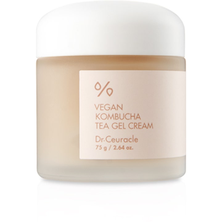 Dr.Ceuracle Vegan Kombucha Tea Gel Cream 75 g fugtgivende ansigtscreme i frostet glaskrukke med hvidt låg