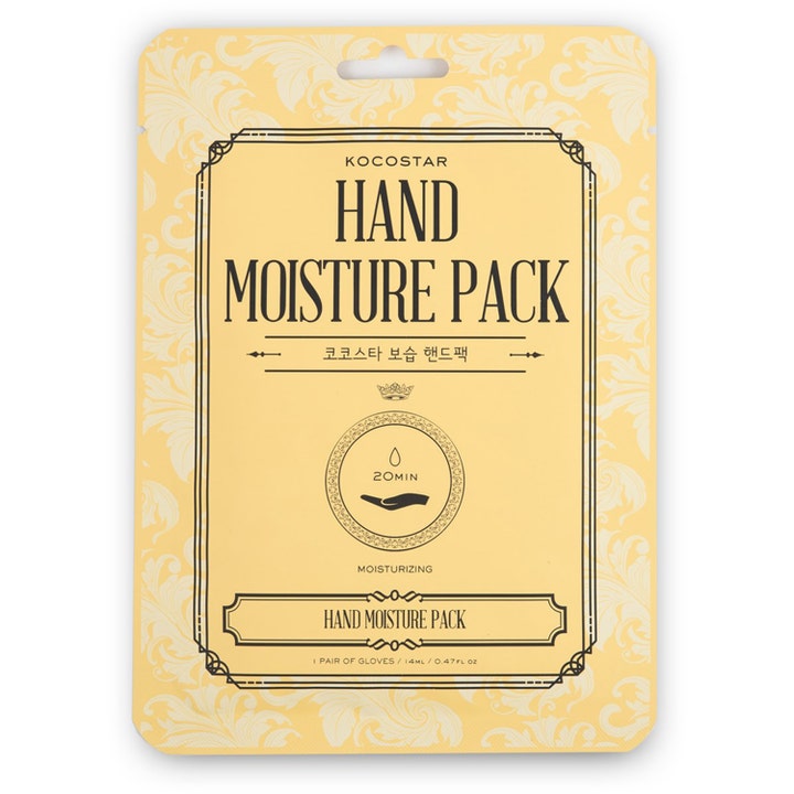 Kocostar Hand Moisture Pack 14 ml fugtgivende håndmaske i gul emballage med dekorativt vintage mønster