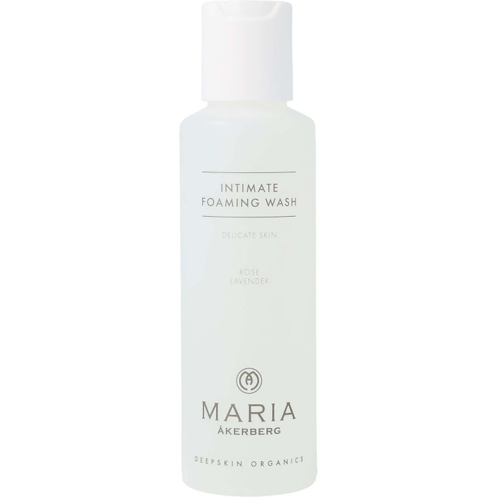 Maria Åkerberg Intimate Foaming Wash beroligende intimpleje i hvid frostet plastflaske med hvidt vippelåg
