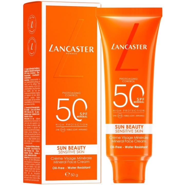 Lancaster Sun Sensitive Sun Beauty Mineral Face Cream 50 ml solcreme til ansigtet mod lysældring i orange tube og æske