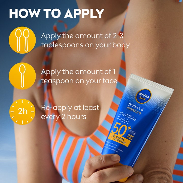 NIVEA Sun Protect & Moisture 150 ml fugtgivende solcreme SPF 50 med guide til påføring og mængde på kroppen.