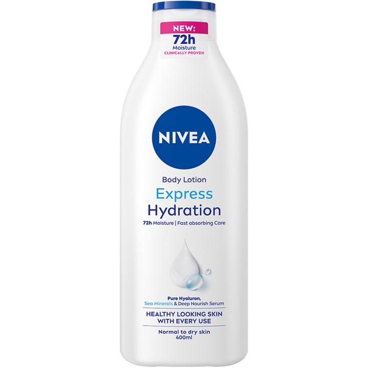 Nivea Express Hydration Body Lotion 400ml fugtgivende kropspleje med hyaluron i hvid plastflaske med blåt låg.