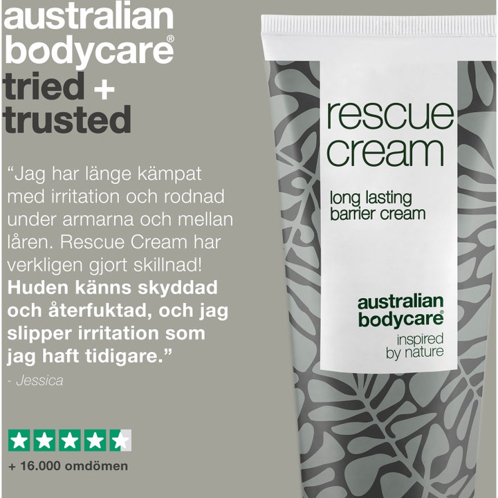 Australian Bodycare Rescue Cream 100 ml barrierecreme mod rødme vist med kundeanmeldelse og stjerner.