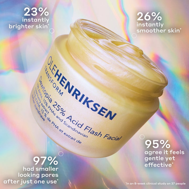 Ole Henriksen Dewtopia 25% Acid Flash Facial 50 ml i krukke med lysegul geltekstur mod uren hud på iriserende baggrund