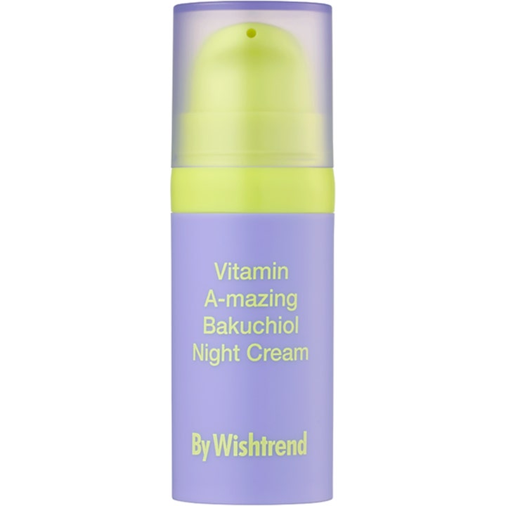 By Wishtrend Vitamin A-mazing Bakuchiol Night Cream 30 ml udglattende natcreme i lilla pumpeflaske med limegrønne detaljer