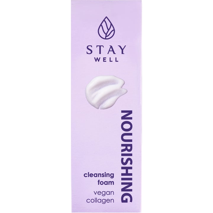 Stay Well Nourishing Cleansing Foam Vegan Collagen 150 ml nærende ansigtsrens i lilla æske med hvid cremet skum