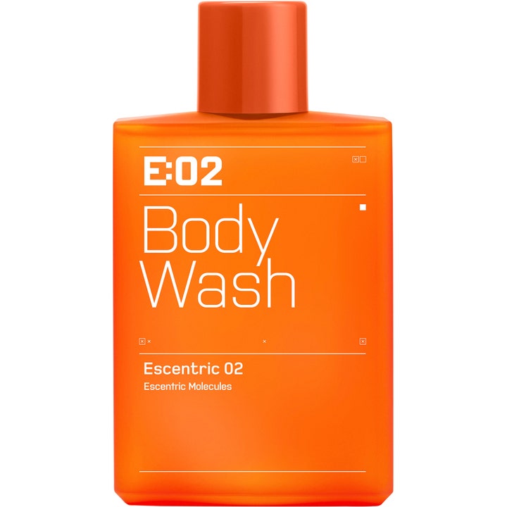 Escentric Molecules Escentric 02 Body Wash opfriskende kropsvask i en flad orange plastflaske med minimalistisk hvid tekst