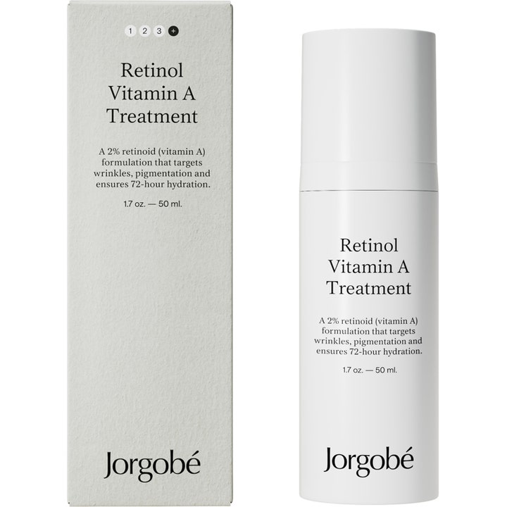 Jorgobé Retinol Vitamin A Treatment 50 ml serum mod rynker i hvid flaske og æske der giver 72 timers fugt.