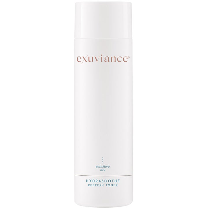 Exuviance HydraSoothe Refresh Toner beroligende skintonic i hvid cylinderformet flaske med detaljer i rosaguld og blå