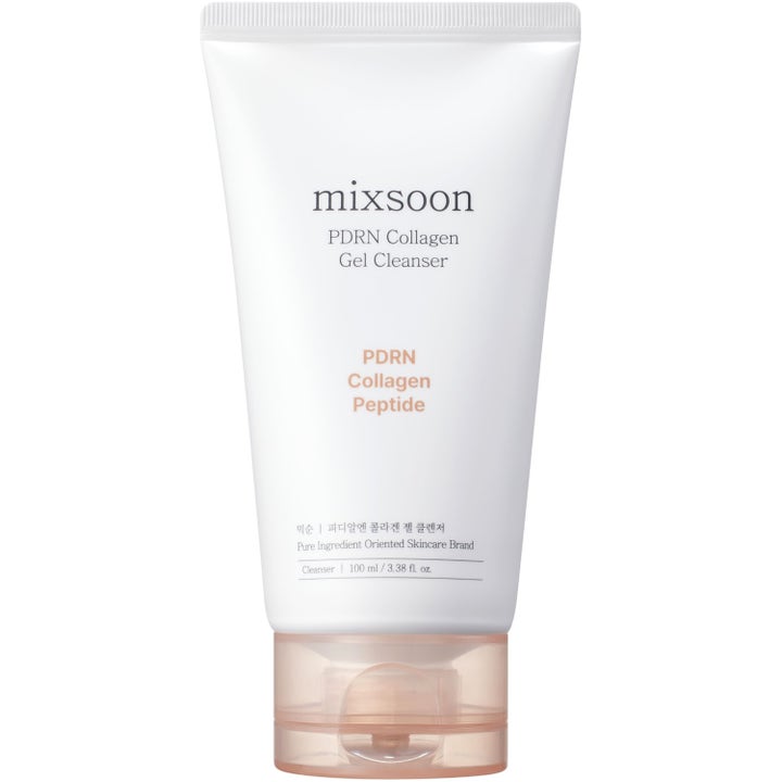 Mixsoon PDRN Collagen Gel Cleanser 100 ml fugtgivende ansigtsrens i hvid tube med ferskenfarvet gennemsigtigt låg