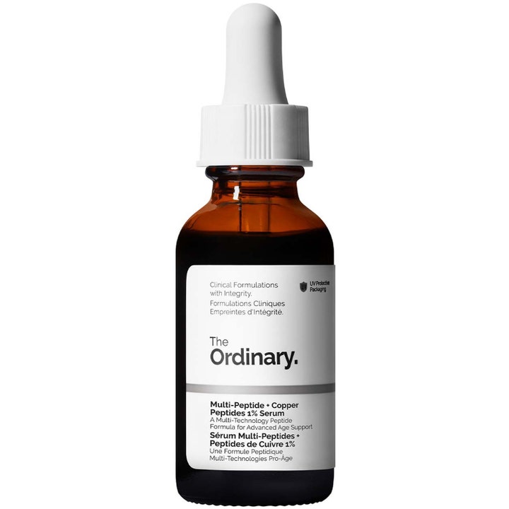 The Ordinary Multi-Peptide + Copper Peptides 1% Serum mod alderstegn i mørk UV-beskyttende glasflaske med hvid pipette