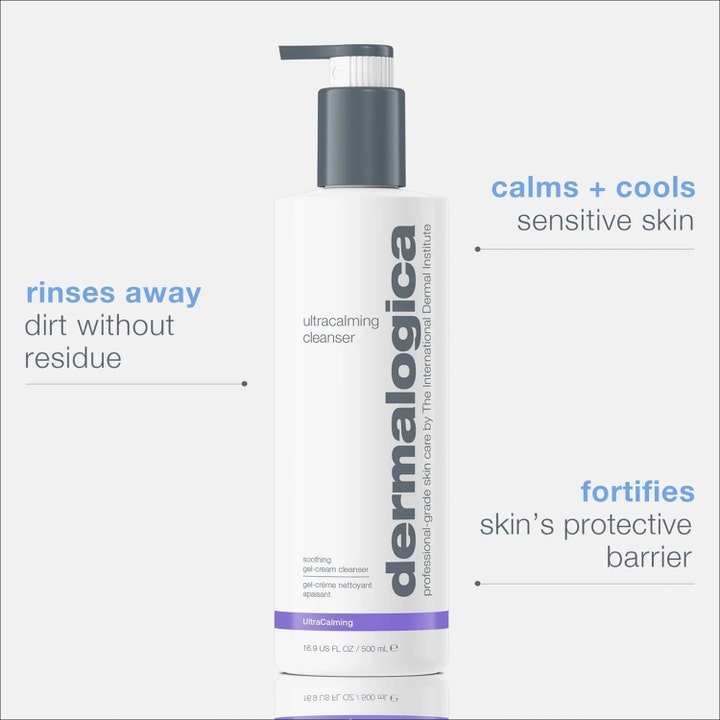 Dermalogica UltraCalming Cleanser 500 ml beroligende rengøringsgel i hvid pumpeflaske der styrker hudens barriere.