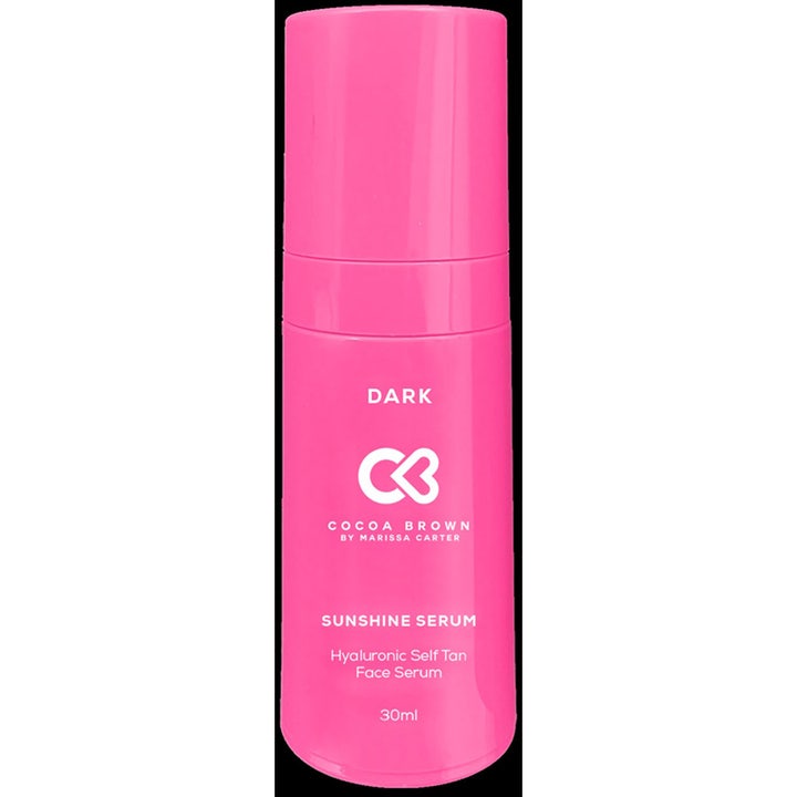 Cocoa Brown Sunshine Serum Dark 30ml fugtgivende selvbruner ansigtsserum i en stærk pink cylinderflaske