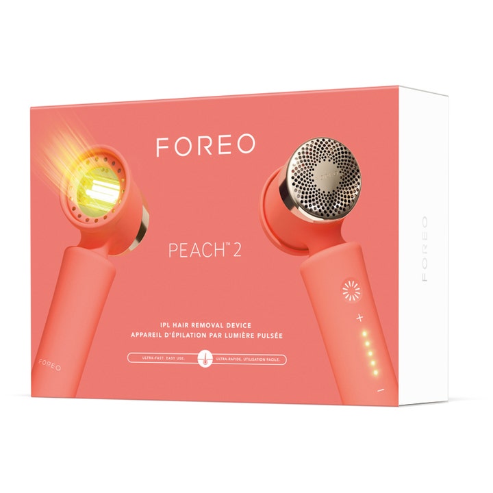 FOREO PEACH 2 IPL hårfjerningsenhed i ferskenfarvet æske der giver effektiv og hurtig hårfjerning.