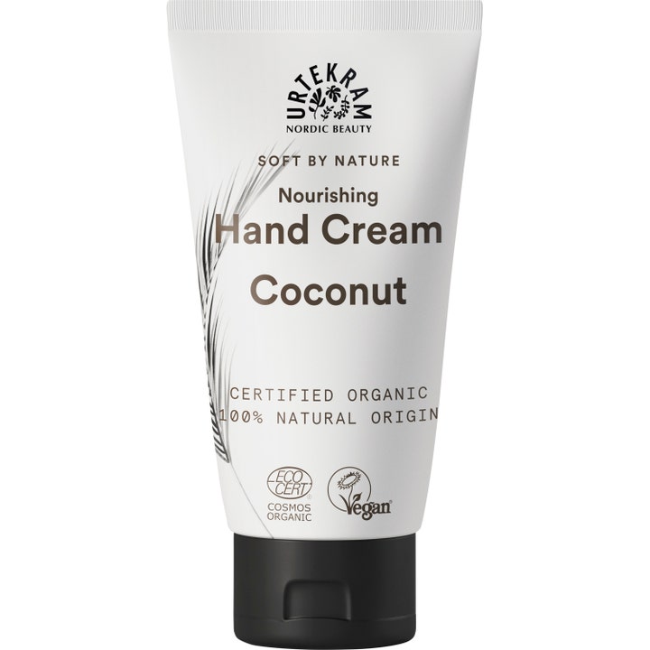Urtekram Nourishing Hand Cream Coconut nærende håndcreme der giver fugt i hvid tube med sort låg og fjerdetalje