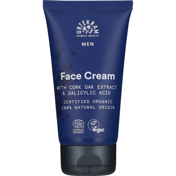 Urtekram Men Face Cream økologisk ansigtscreme med salicylsyre i en mørkeblå tube med sort låg