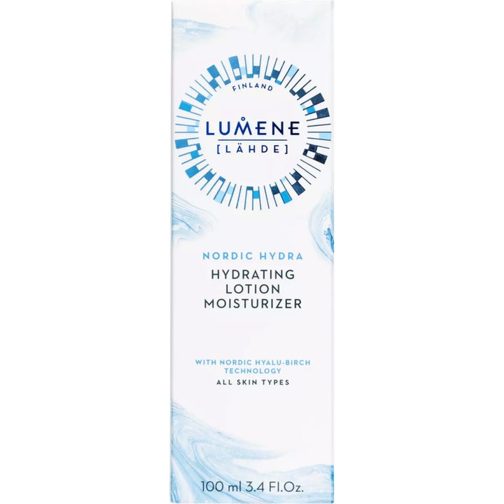 Lumene Nordic Hydra Hydrating Lotion 100 ml fugtgivende ansigtscreme i hvid æske med blåt mønster