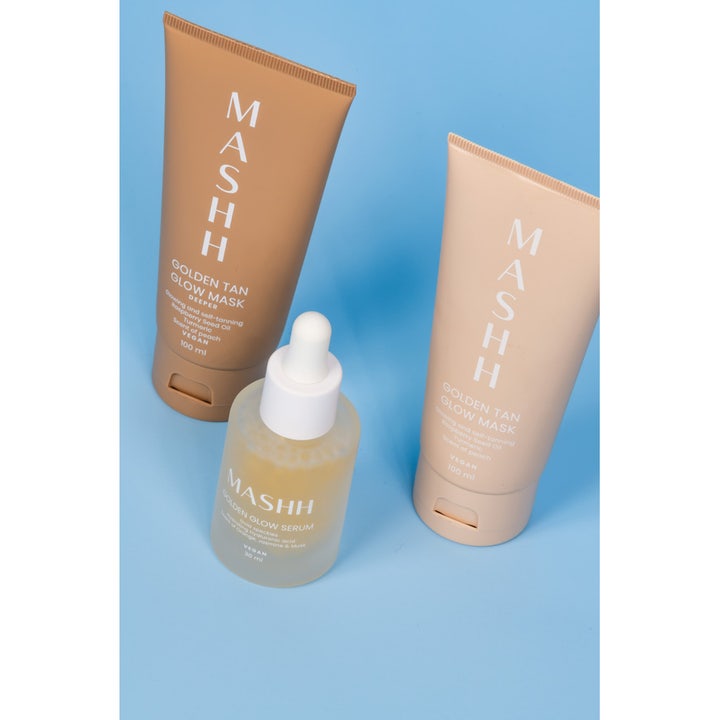 MASHH Golden Glow Serum 30 ml glødgivende ansigtsserum i frostet glasflaske med hvid pipette og beige tuber.