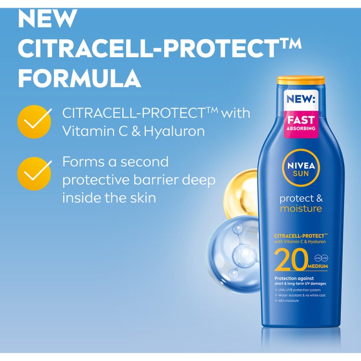 NIVEA Protect & Moisture Sun Lotion 200 ml solcreme med hurtigabsorberende Citracell-Protect og Vitamin C