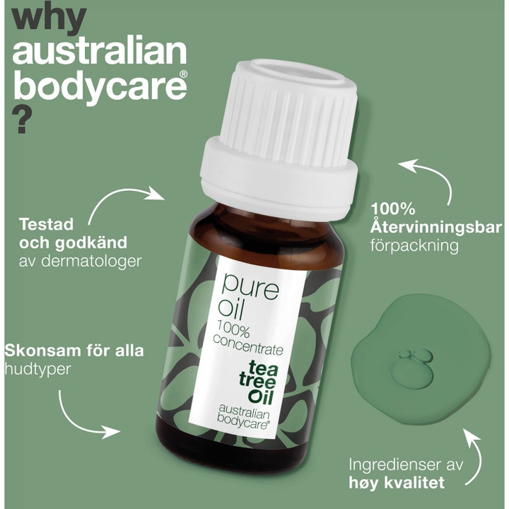 Australian Bodycare Pure Oil 100% Tea Tree Oil 10 ml mod urenheder i brun glasflaske med hvidt låg og infotekst