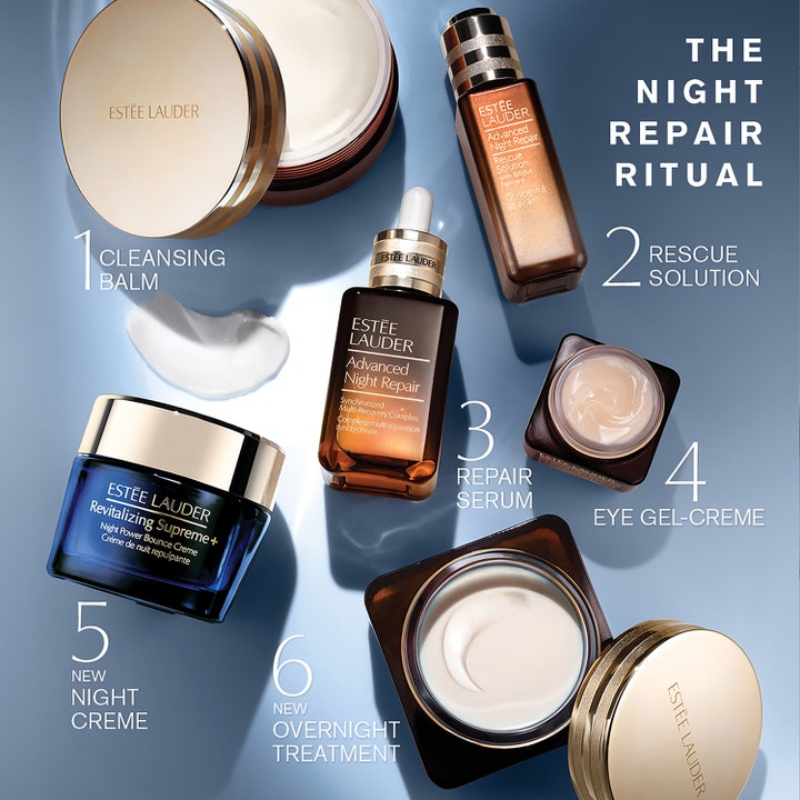 Estée Lauder Advanced Night Repair Overnight Treatment 65 ml ansigtsmaske i en hudplejerutine med guldlåg.