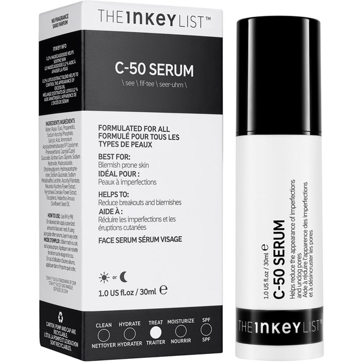 The INKEY List C-50 Serum 30 ml serum mod urenheder i hvid pumpeflaske med sort låg og papæske