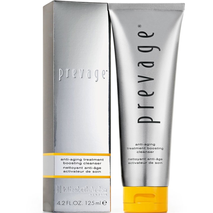 Elizabeth Arden Prevage Anti-aging Treatment Boosting Cleanser 125 ml rens i sølvfarvet tube og æske med gult låg.