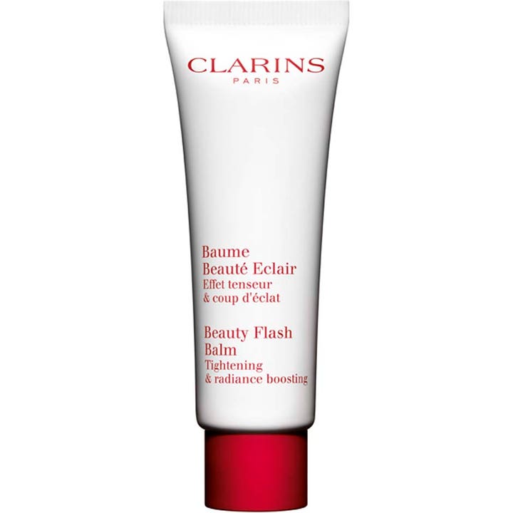 Clarins Beauty Flash Balm opstrammende ansigtscreme der skaber glød i en hvid tube med rødt låg