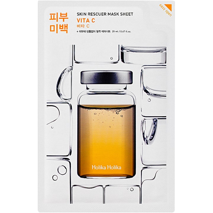 Holika Holika Skin Rescuer Mask Sheet Vita C 20 ml lysnende ansigtsmaske i hvid pakke med illustration af gyldent serum