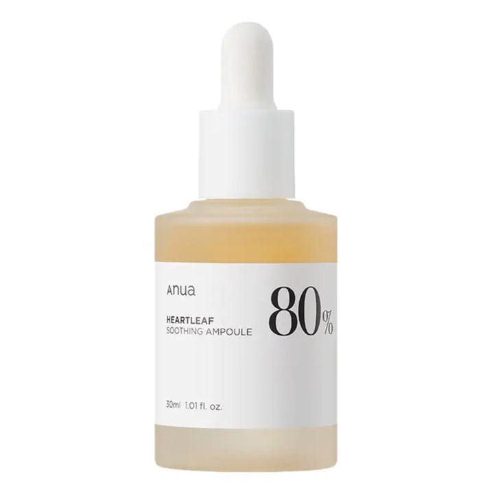 Anua Heartleaf 80% Soothing Ampoule 30ml beroligende ansigtsserum i frostet glasflaske med hvid pipette