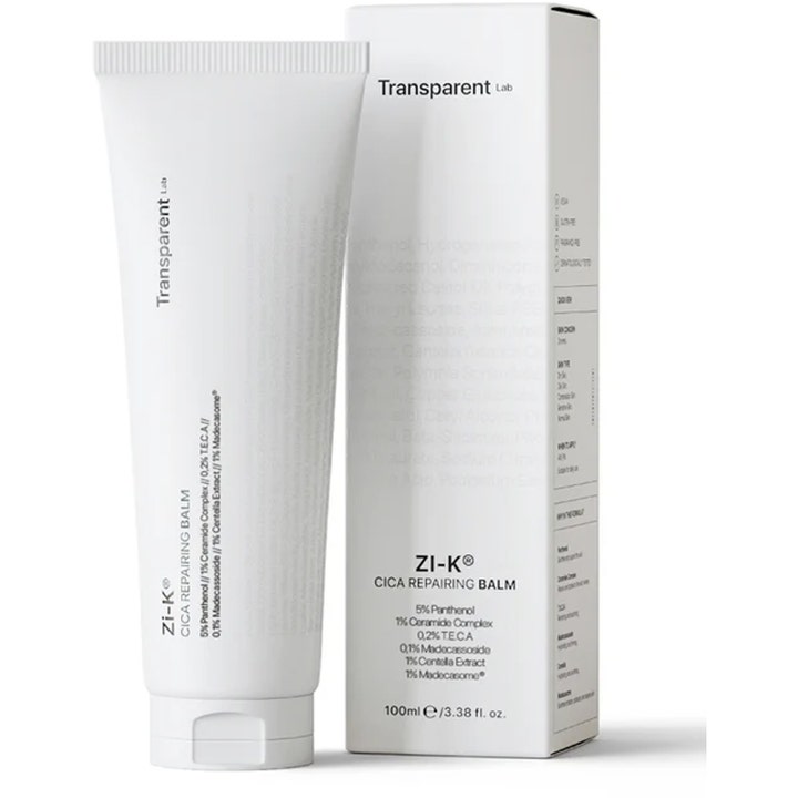 Transparent Lab Zi-K Cica Repairing Balm 100 ml beroligende ansigtscreme med panthenol i hvid tube og æske.