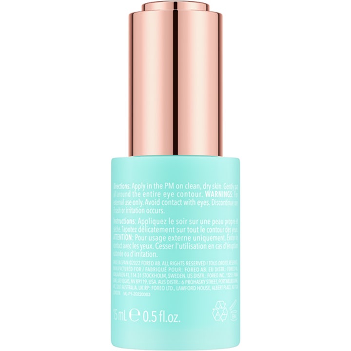 FOREO IRIS Firming PM Eye Serum 15 ml opstrammende øjenserum i turkis flaske med rosaguld låg og produkttekst
