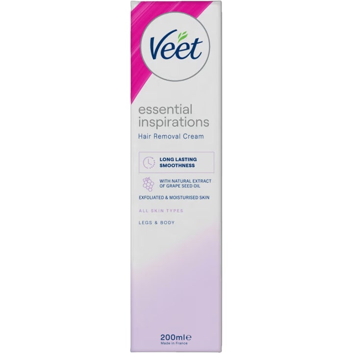 Veet Essential Inspirations 200ml hårfjerningscreme giver fugtet hud i en hvid og pink æske med vindruekerneolie.