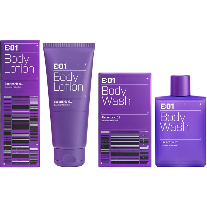 Escentric Molecules Escentric 01 Body Lotion 200 ml kropspleje i lilla emballage med matchende body wash og æsker.
