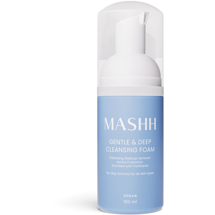 MASHH Gentle & Deep Cleansing Foam 100 ml vegansk renseskum med probiotika i lyseblå flaske med hvid pumpe og klart låg.