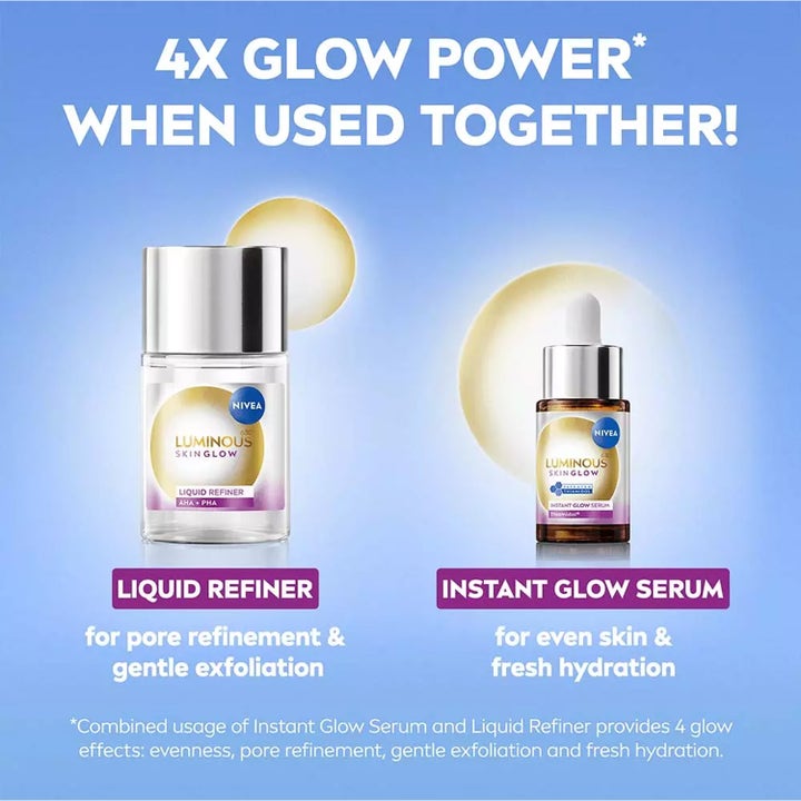NIVEA Luminous630 Skin Glow 15 ml serum i brun glasflaske med pipette skaber glød sammen med Liquid Refiner.