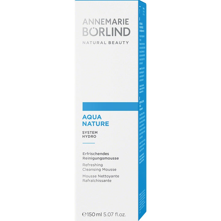 Annemarie Börlind Aquanature Refreshing Cleansing Mousse 150 ml fugtgivende ansigtsrens i hvid og blå papæske