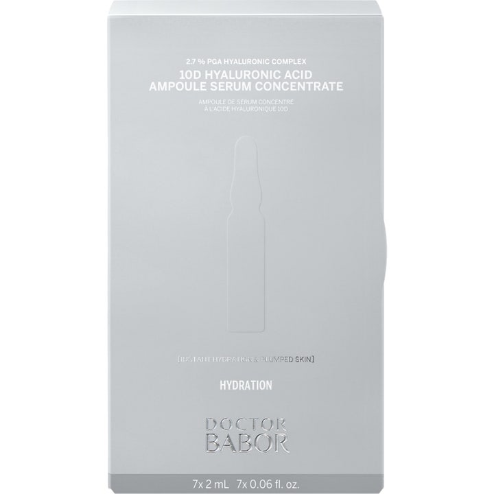 Doctor Babor Hyaluronic Acid HA fugtgivende serum i klar glasampul med gennemsigtig væske og sort tekst