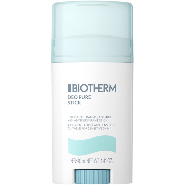 Biotherm Deo Pure Stick 40 ml antiperspirant til sensitiv hud i hvid emballage med lyseblåt gennemsigtigt låg