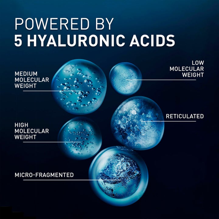 FILORGA Hyalu-Filler Serum 30 ml fugtgivende serum viser fem typer hyaluronsyre illustreret som blå bobler.