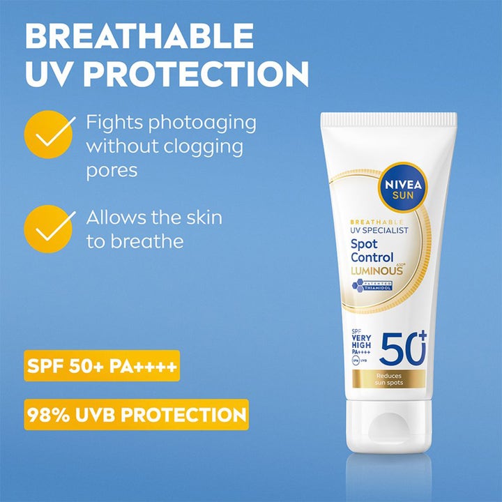 NIVEA UV Face Luminous630 40 ml solcreme mod mørke pletter i hvid tube med SPF 50+ og åndbar beskyttelse