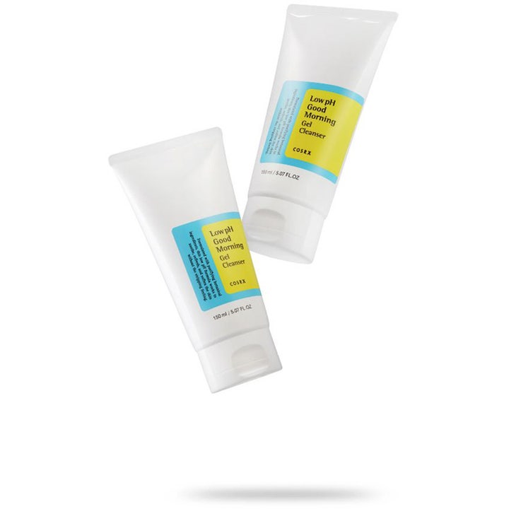 COSRX Low pH Good Morning Gel Cleanser 150 ml mild ansigtsrens i to hvide tuber med gul og blå etiket