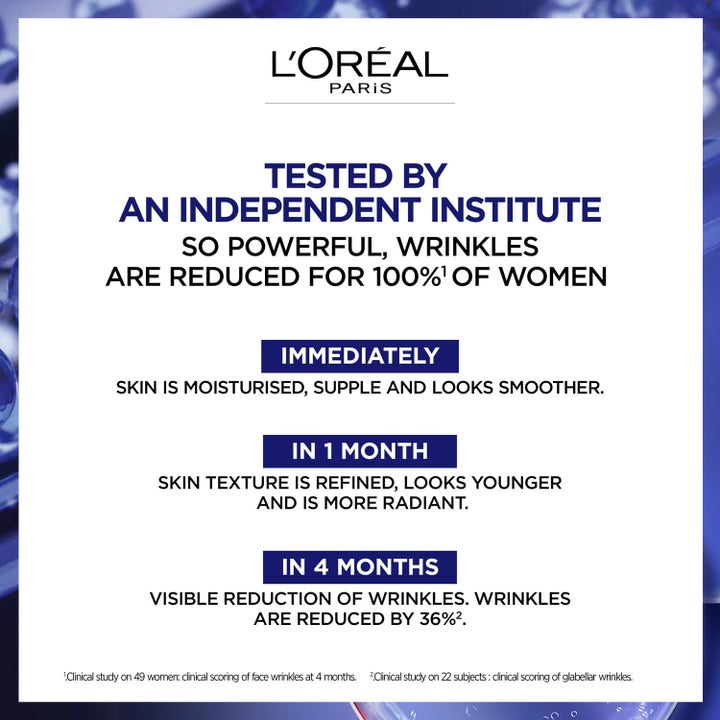 L'Oréal Paris Laser Pure Retinol Night Serum natserum infografik med testresultater for rynkereduktion og fugt