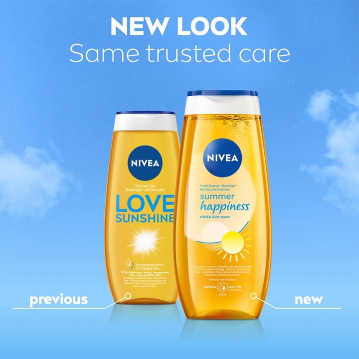 NIVEA Love Sunshine 250 ml showergel i gul flaske med 99% bionedbrydelig formel og 96% genanvendt plast