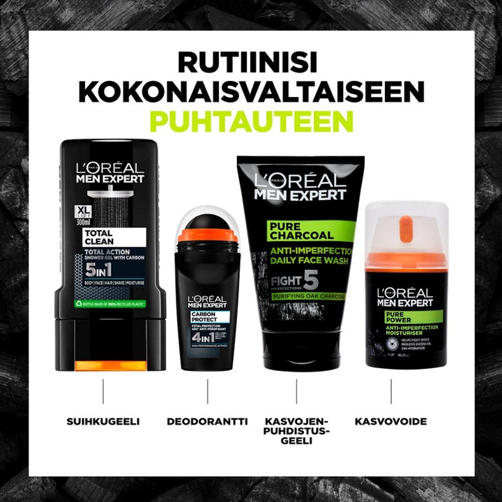 L'Oréal Paris Men Expert Pure Charcoal Wash 100 ml ansigtsrens mod urenheder i en rutine med showergel og deodorant.