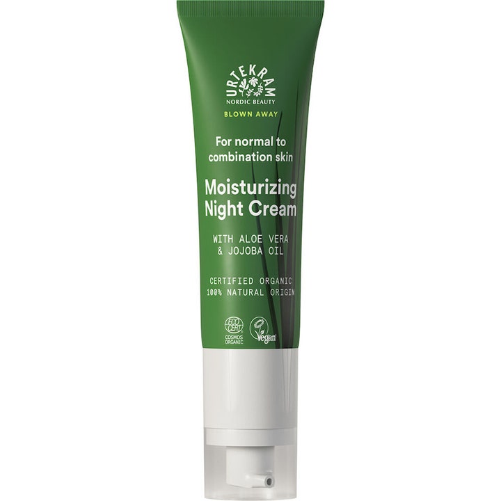 Urtekram Blown Away Moisturizing Night Cream fugtgivende natcreme med aloe vera i grøn tube med hvid pumpe