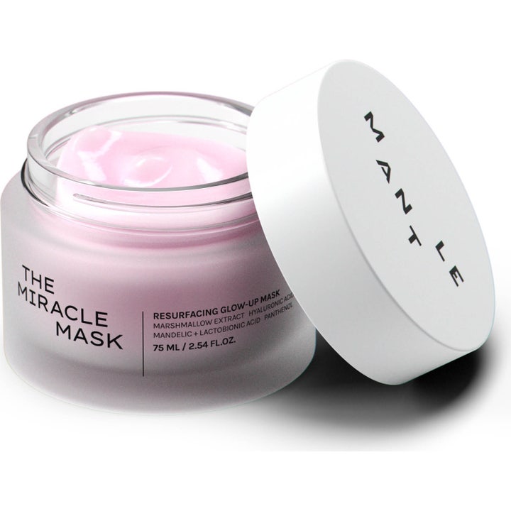 MANTLE The Miracle Mask 75 ml eksfolierende ansigtsmaske med lyserød tekstur i en frostet glaskrukke