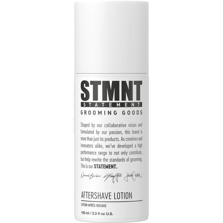 STMNT Aftershave Lotion 100 ml beroligende pleje efter barbering i hvid cylinderformet flaske med sort tekst