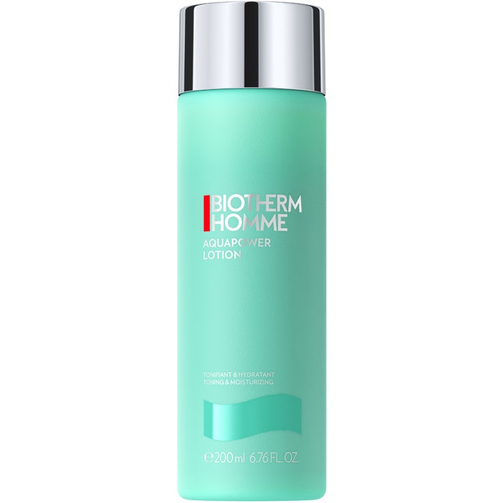 Biotherm Homme Aquapower Lotion 200 ml fugtgivende ansigtslotion i en mat turkis flaske med blankt sølvlåg